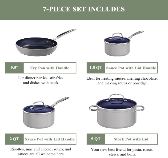 7pc Cookware Set Healthy Duralon Blue Ceramic Nonstick Coated, Diamond Infused Scratch-Resistant, PFAS Free, Oven Safe, Induction Ready & Evenly Heats, Tempered Glass Lids & Stay-Cool Handle