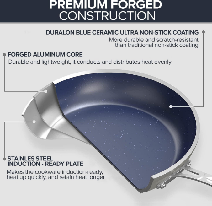 7pc Cookware Set Healthy Duralon Blue Ceramic Nonstick Coated, Diamond Infused Scratch-Resistant, PFAS Free, Oven Safe, Induction Ready & Evenly Heats, Tempered Glass Lids & Stay-Cool Handle