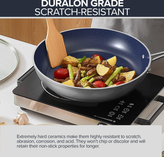 7pc Cookware Set Healthy Duralon Blue Ceramic Nonstick Coated, Diamond Infused Scratch-Resistant, PFAS Free, Oven Safe, Induction Ready & Evenly Heats, Tempered Glass Lids & Stay-Cool Handle