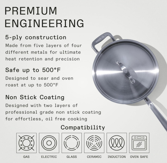 Cookware - 3.5 Quart Non Stick Saute Pan With Lid - 5 Ply Stainless Clad - Professional Cookware - Crafted in Italy - Induction Compatible