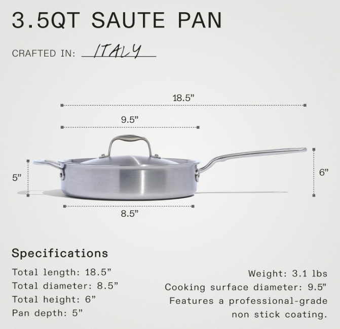 Cookware - 3.5 Quart Non Stick Saute Pan With Lid - 5 Ply Stainless Clad - Professional Cookware - Crafted in Italy - Induction Compatible
