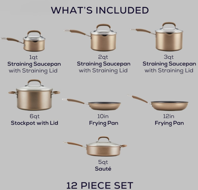 Premier Professional Hard Anodized Nonstick Cookware Induction Pots and Pans Set, 12 Piece, Bronze
