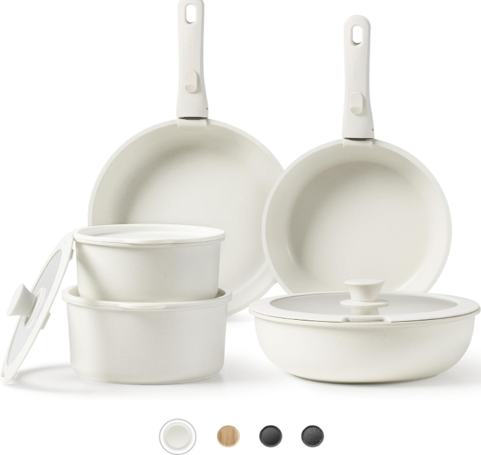 Pots and Pans Set Non Stick, Cookware Sets Nonstick, 11pcs Kitchen Set, Oven Safe, Induction Ready, Stackable Non-stick Set with Removable Handle, RV Set with Detachable Handle, Cream White
