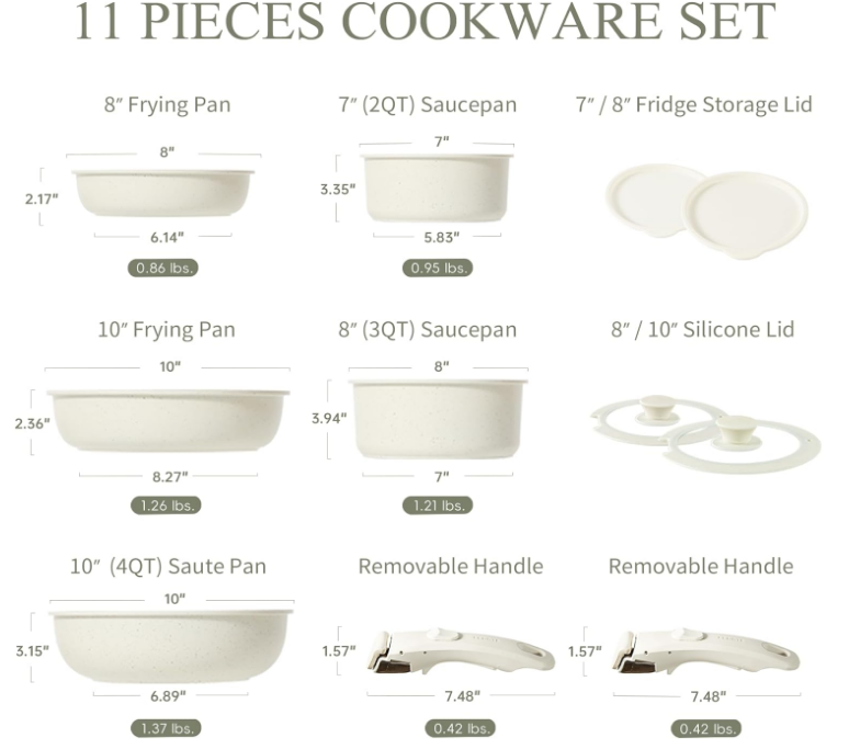 Pots and Pans Set Non Stick, Cookware Sets Nonstick, 11pcs Kitchen Set, Oven Safe, Induction Ready, Stackable Non-stick Set with Removable Handle, RV Set with Detachable Handle, Cream White