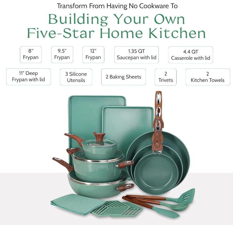 18-Piece Cookware Set | Non-Stick Ceramic Coating | Oven & Dishwasher Safe | PFOA-Free | Aluminum Pots & Pans Set with Lids | Stay-Cool Handles | Induction Stovetop Compatible (Green)
