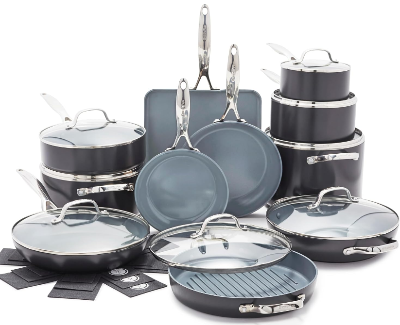 Valencia Pro Hard Anodized Healthy Ceramic Nonstick 22 Piece Cookware Pots & Pans Set, Fry Grill, Griddle, Saute & Sauce Pans, Stockpot,Lids, PFAS-Free, Induction, Dishwasher & Oven Safe,Gray