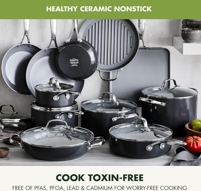 Valencia Pro Hard Anodized Healthy Ceramic Nonstick 22 Piece Cookware Pots & Pans Set, Fry Grill, Griddle, Saute & Sauce Pans, Stockpot,Lids, PFAS-Free, Induction, Dishwasher & Oven Safe,Gray