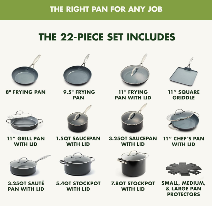 Valencia Pro Hard Anodized Healthy Ceramic Nonstick 22 Piece Cookware Pots & Pans Set, Fry Grill, Griddle, Saute & Sauce Pans, Stockpot,Lids, PFAS-Free, Induction, Dishwasher & Oven Safe,Gray