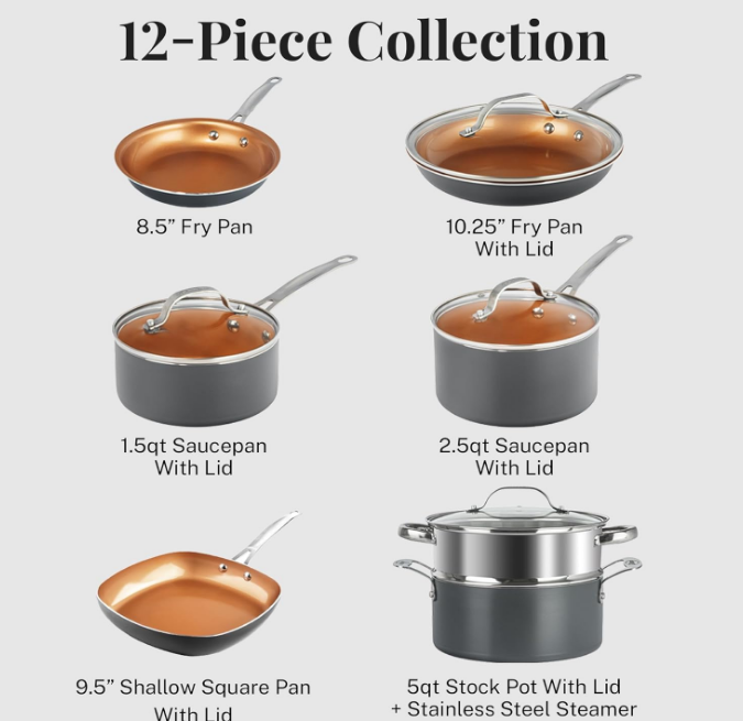 12 Pc Ceramic Pots and Pans Set Non Stick, Kitchen Cookware Sets, Pot and Pan Set, Ceramic Cookware Set, Non Toxic Cookware Set, Non Stick Pots and Pan Set, Oven Dishwasher Safe - Copper