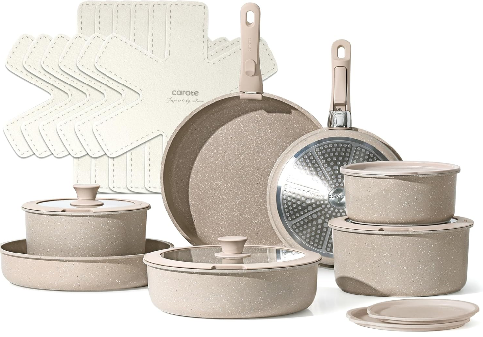 21pcs Detachable Handle Pots and Pan Set, Nonstick Induction Cookware, Removable Handle, RV Oven Safe Cookware, Taupe
