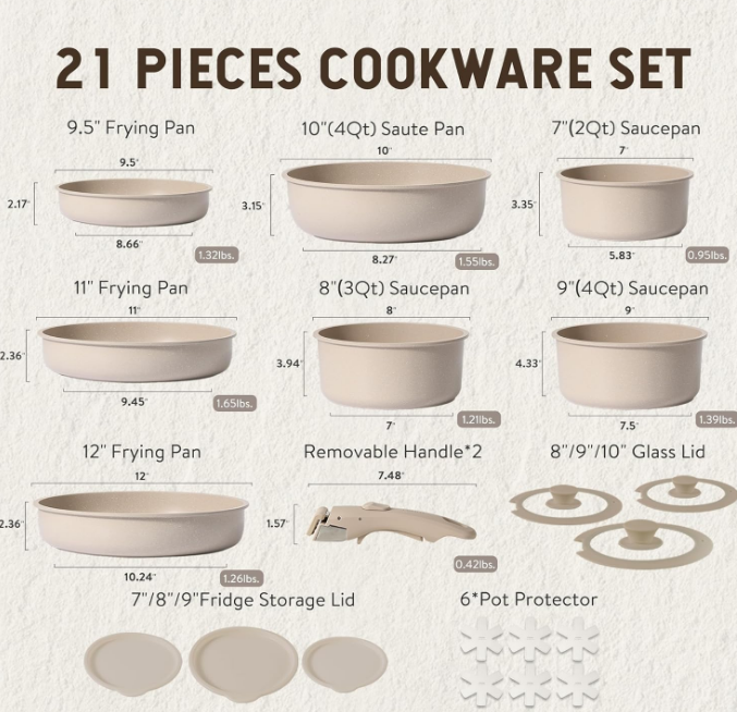 21pcs Detachable Handle Pots and Pan Set, Nonstick Induction Cookware, Removable Handle, RV Oven Safe Cookware, Taupe