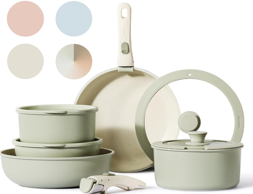 Pots and Pans Set, Nonstick Cookware Set Detachable Handle, 11pcs Induction Kitchen Cookware Sets Non Stick with Removable Handle, RV Cookware Set, Oven Safe, Green