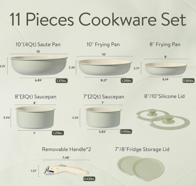 Pots and Pans Set, Nonstick Cookware Set Detachable Handle, 11pcs Induction Kitchen Cookware Sets Non Stick with Removable Handle, RV Cookware Set, Oven Safe, Green