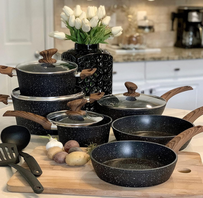 Induction Cookware Sets - 12 Piece Cooking Pan Set, Granite Black Nonstick Pots and Pans Set