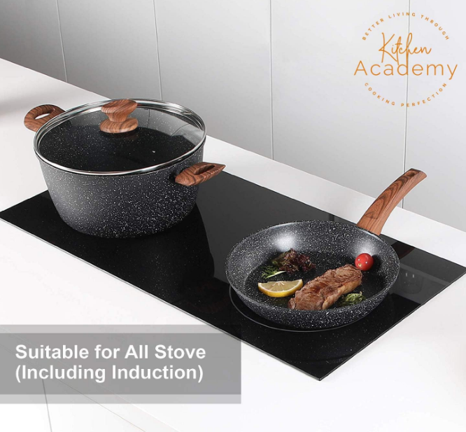 Induction Cookware Sets - 12 Piece Cooking Pan Set, Granite Black Nonstick Pots and Pans Set