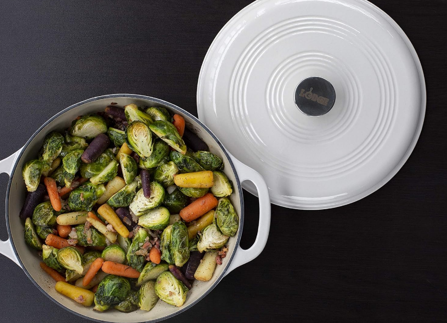 6 Quart Enameled Cast Iron Dutch Oven with Lid – Dual Handles – Oven Safe up to 500° F or on Stovetop - Use to Marinate, Cook, Bake, Refrigerate and Serve – Oyster White