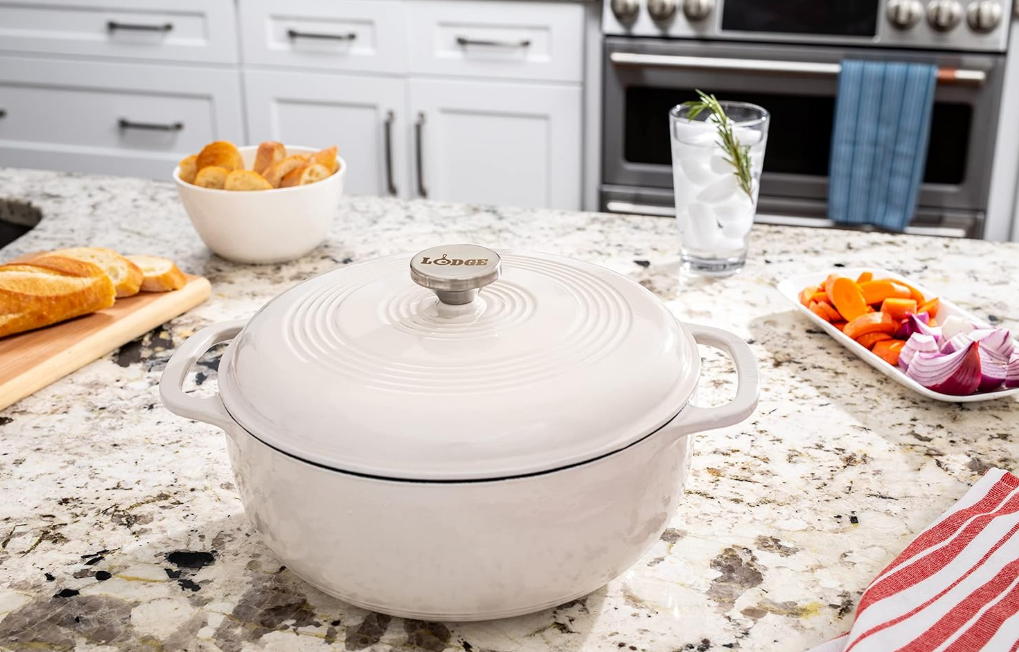 6 Quart Enameled Cast Iron Dutch Oven with Lid – Dual Handles – Oven Safe up to 500° F or on Stovetop - Use to Marinate, Cook, Bake, Refrigerate and Serve – Oyster White