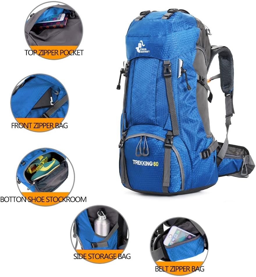 Bseash 60L Waterproof Hiking Camping Backpack with Rain Cover- Blue