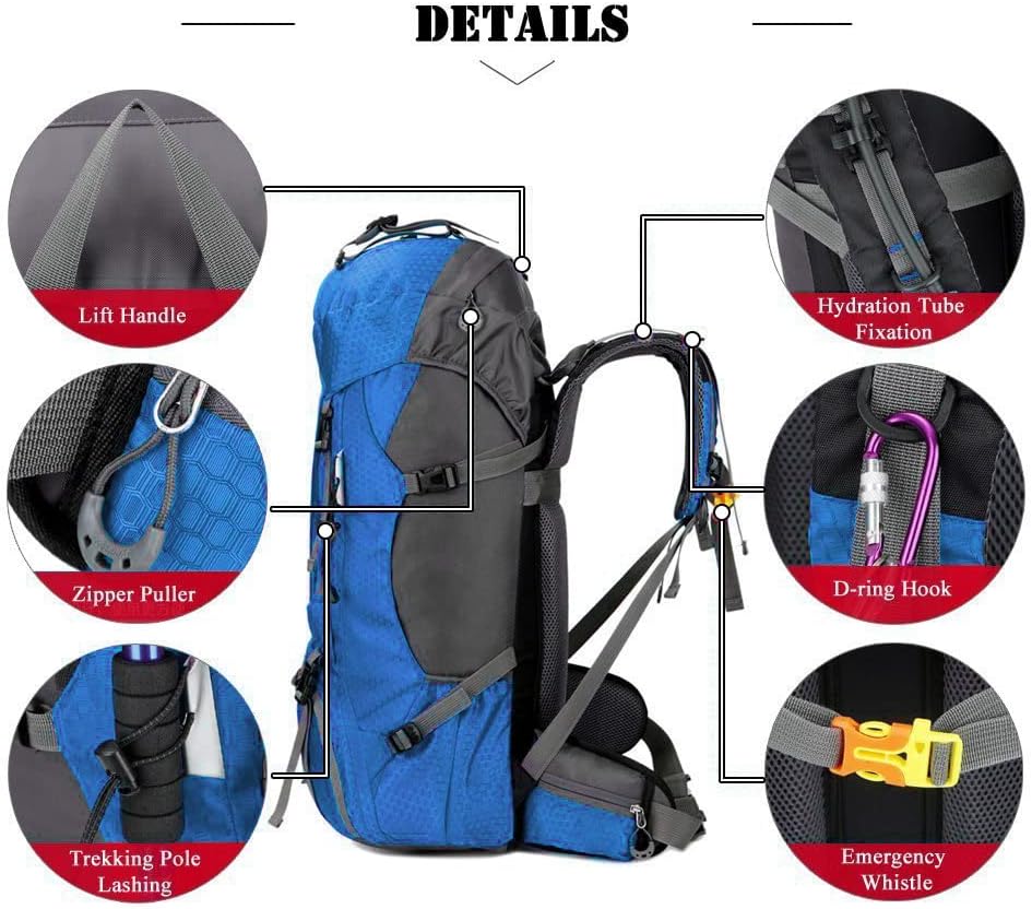 Bseash 60L Waterproof Hiking Camping Backpack with Rain Cover- Blue