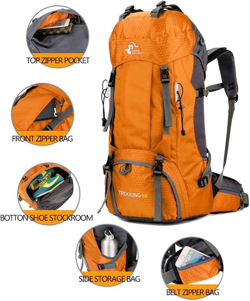 Bseash 60L Waterproof Hiking Camping Backpack with Rain Cover- Orange