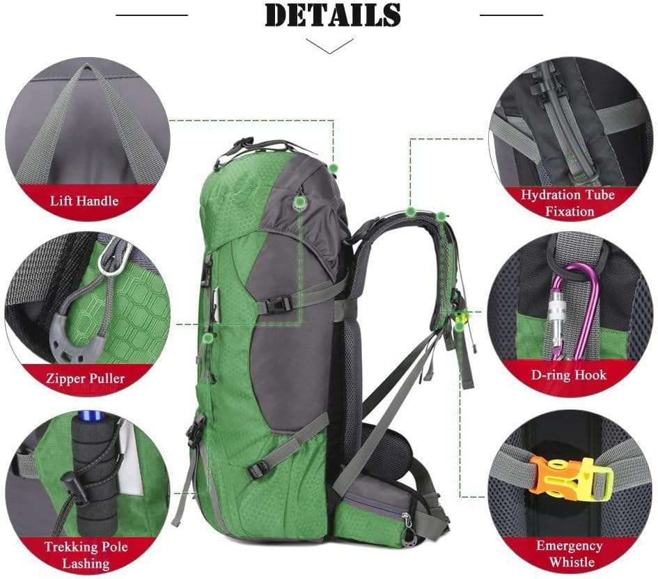 Bseash 60L Waterproof Hiking Camping Backpack with Rain Cover- GREEN