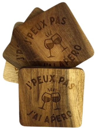 Sous-verres en bois "J'peux pas j'ai apéro"
