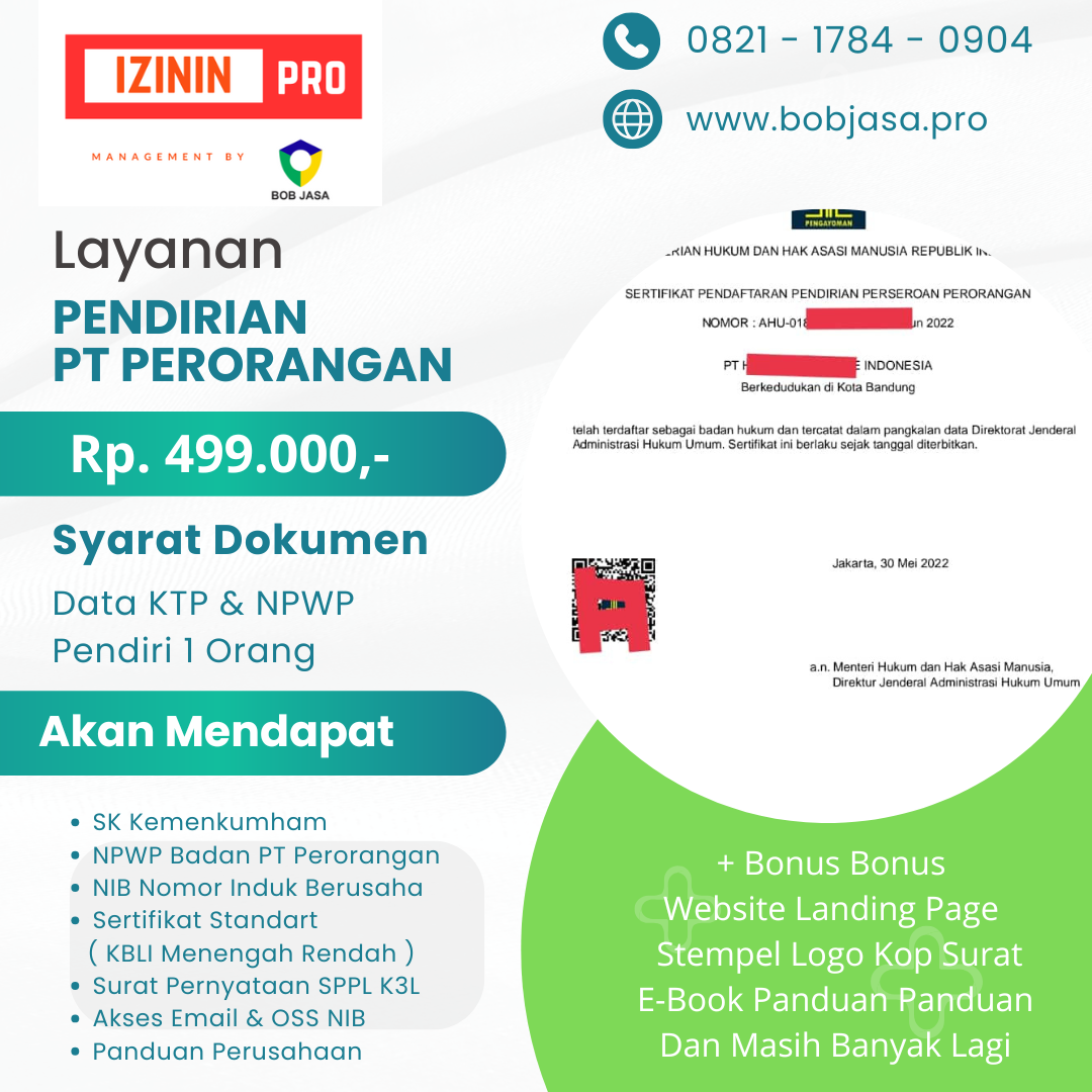 Izinin Pro by Bob Jasa Pengurusan Pendirian Pembuatan Pendaftaran PT Perorangan Pribadi Murah Cepat Terdekat di Kota Kabupaten