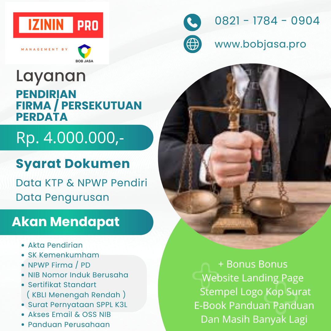 Izinin Pro By Bob Jasa Pengurusan Pendirian Pembuatan Pendaftaran Firma Persekutuan Perdata Kantor Pengacara Advokat Murah Terdekat di Kota Kabupaten