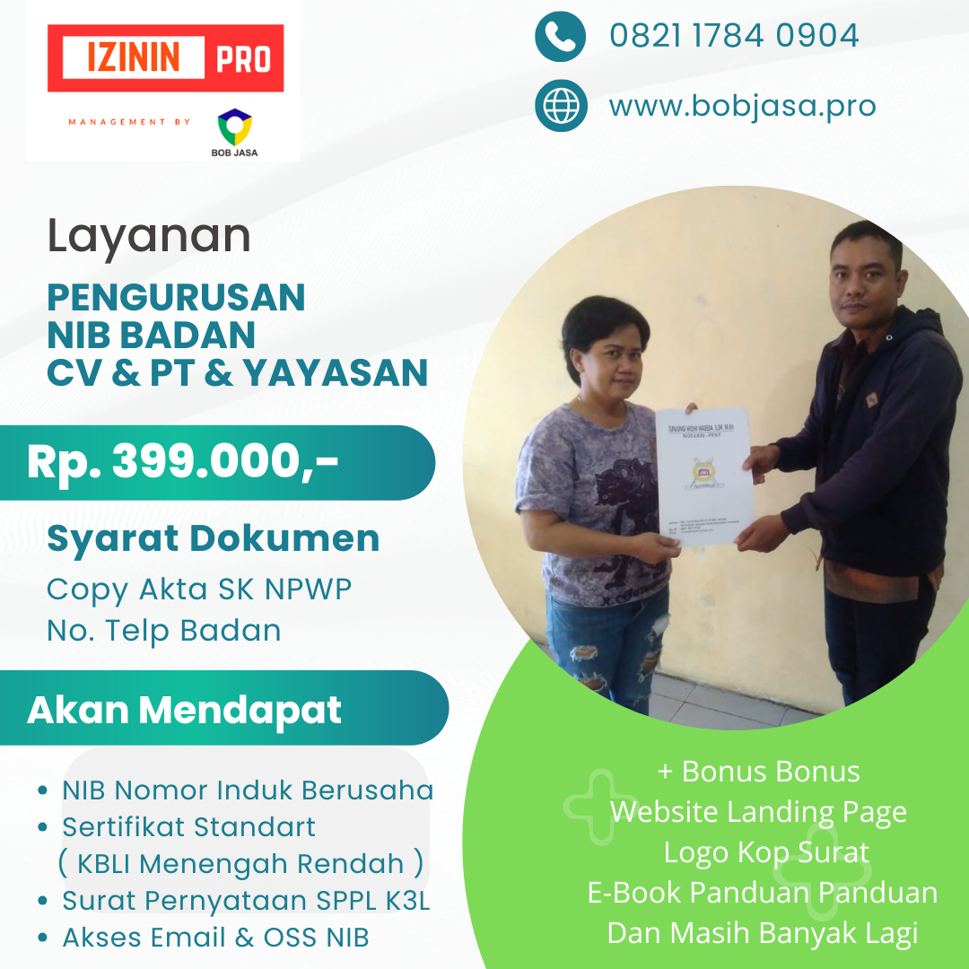 Izinin Pro By Bob Jasa Pengurusan Pembuatan Pendaftaran NIB Nomor Induk Berusaha CV PT Yayasan Firma Perkumpulan Perusahan di Kabupaten Kota