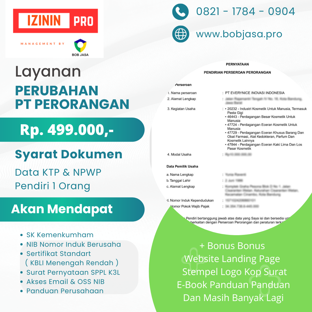 Izinin Pro by Bob Jasa Pengurusan Perubahan Direktur Alamat KBLI PT Perorangan Pribadi Murah Cepat Terdekat di Kota Kabupaten