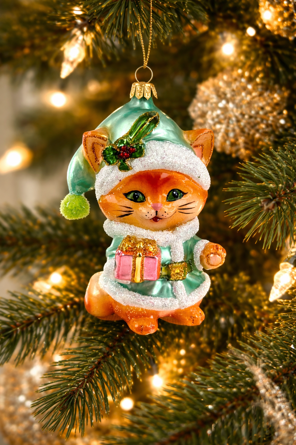 Decorazione in Vetro “Gatto Natalizio con Regalo” – Koronex