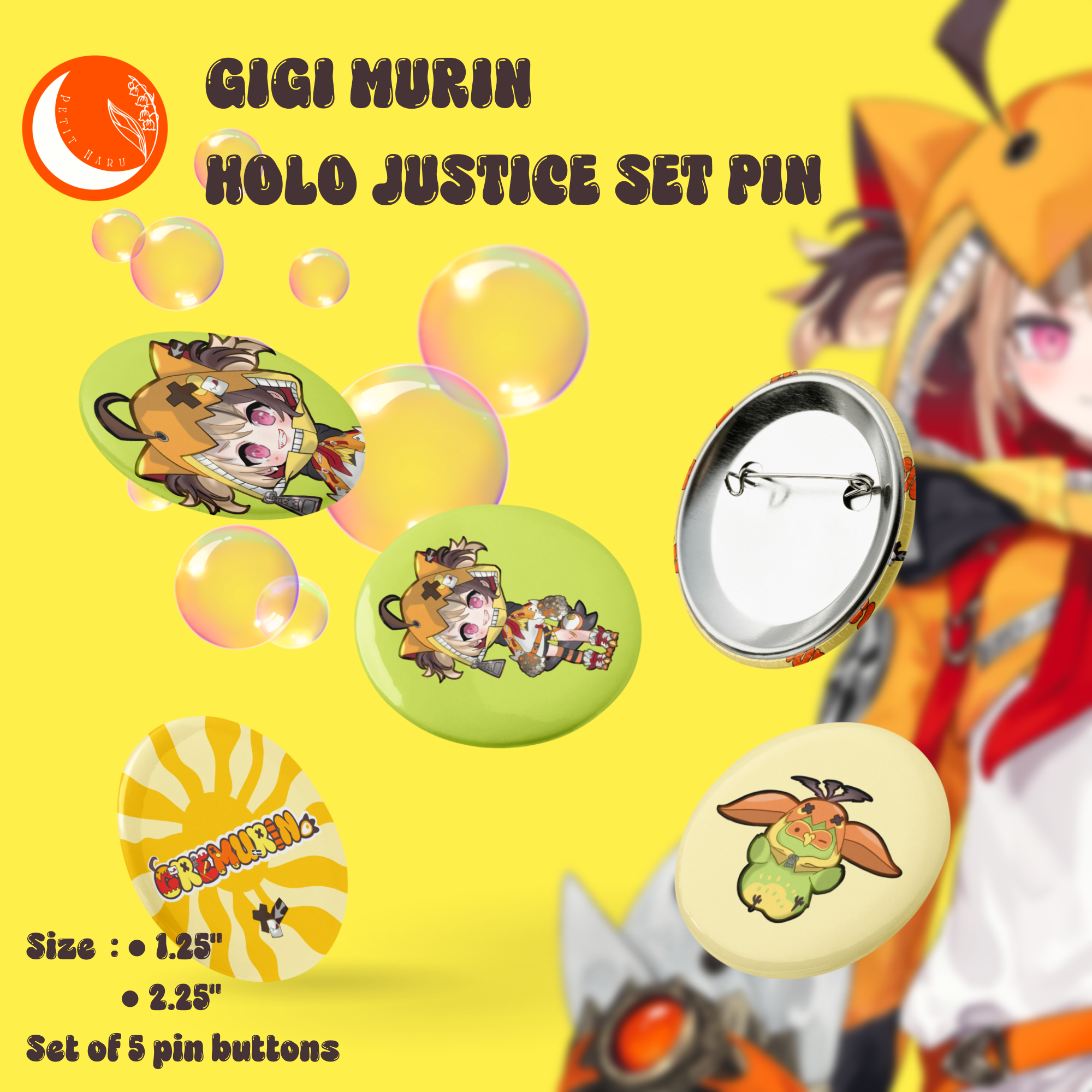 Gigi Murin Holo Justice Hololive EN Set of 5 Pin Buttons