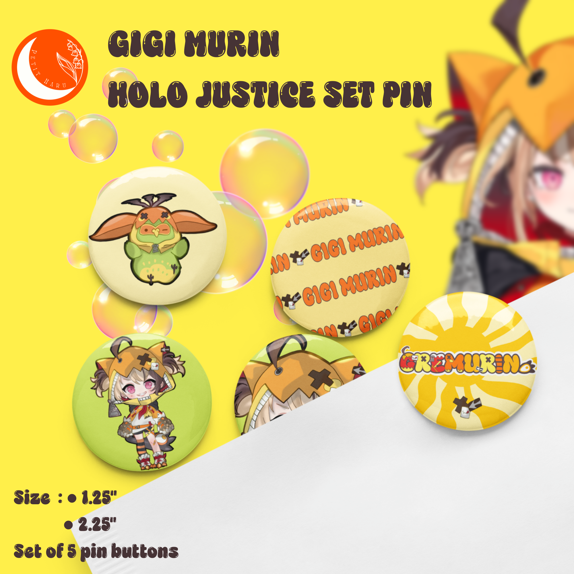 Gigi Murin Holo Justice Hololive EN Set of 5 Pin Buttons
