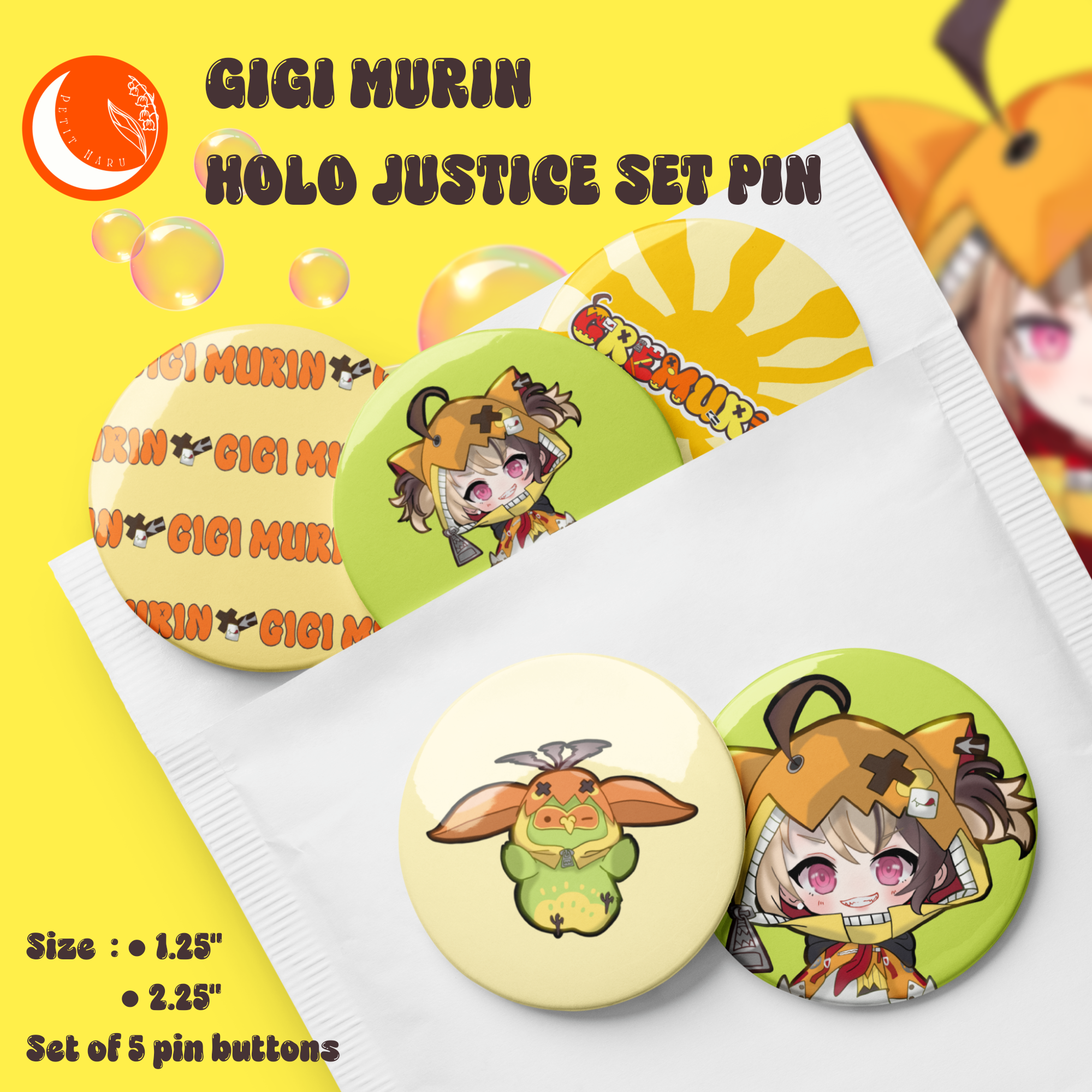 Gigi Murin Holo Justice Hololive EN Set of 5 Pin Buttons
