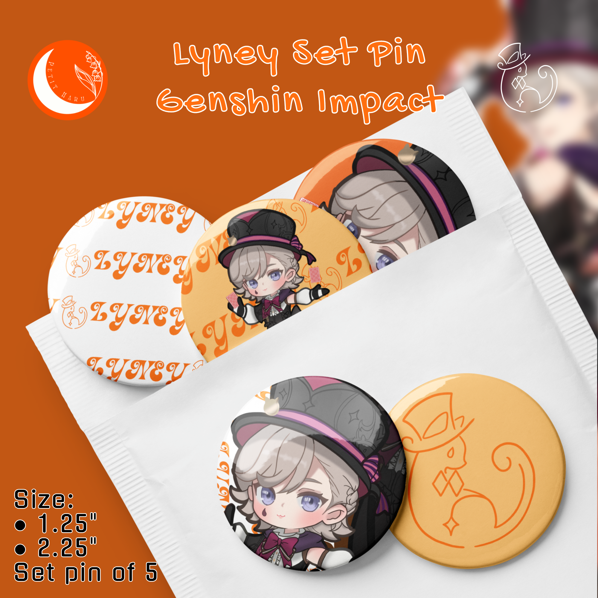 Lyney Genshin Impact Set of 5 Pin Buttons