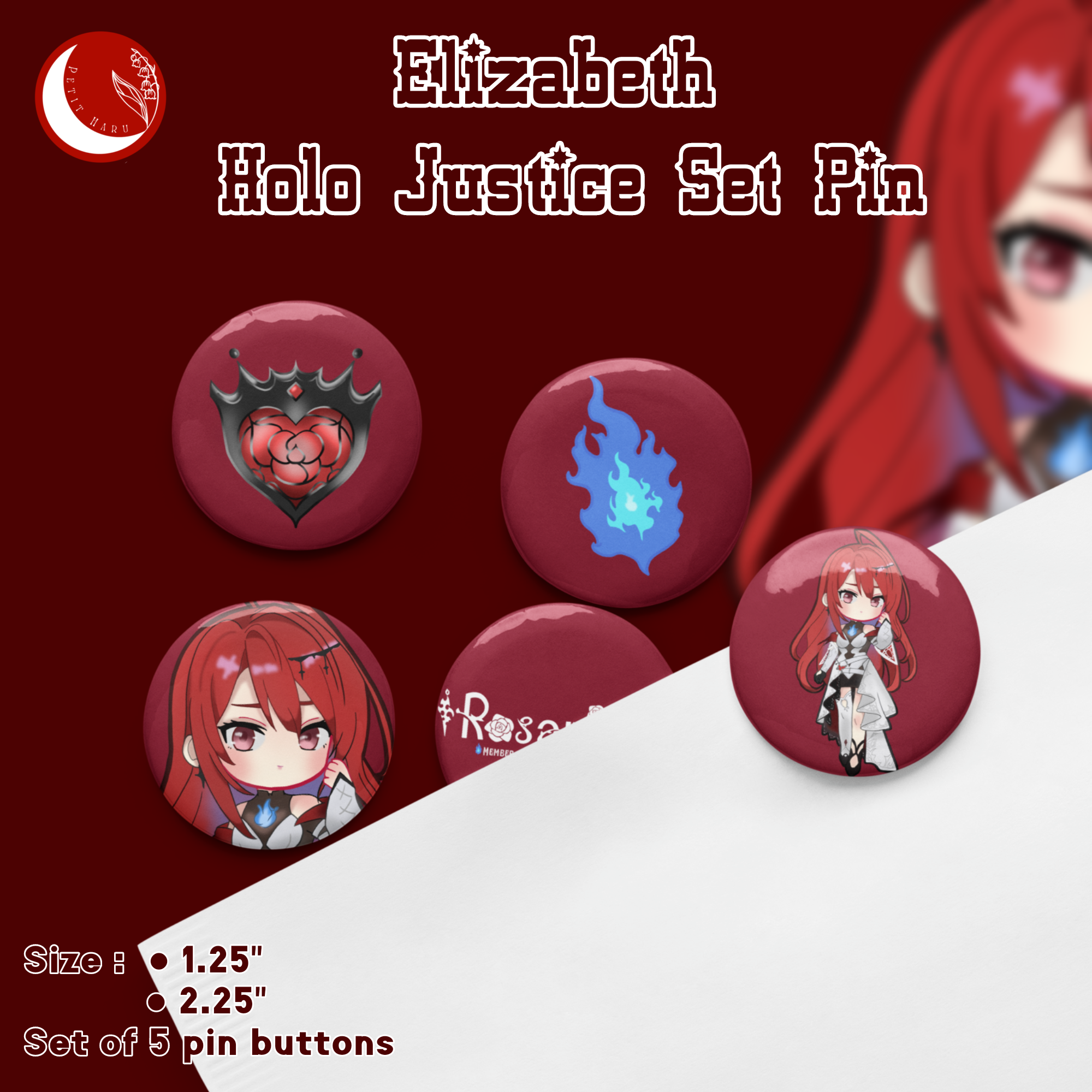 Elizabeth Rose Bloodflame Holo Justice Hololive Set of 5 Pin BUttons