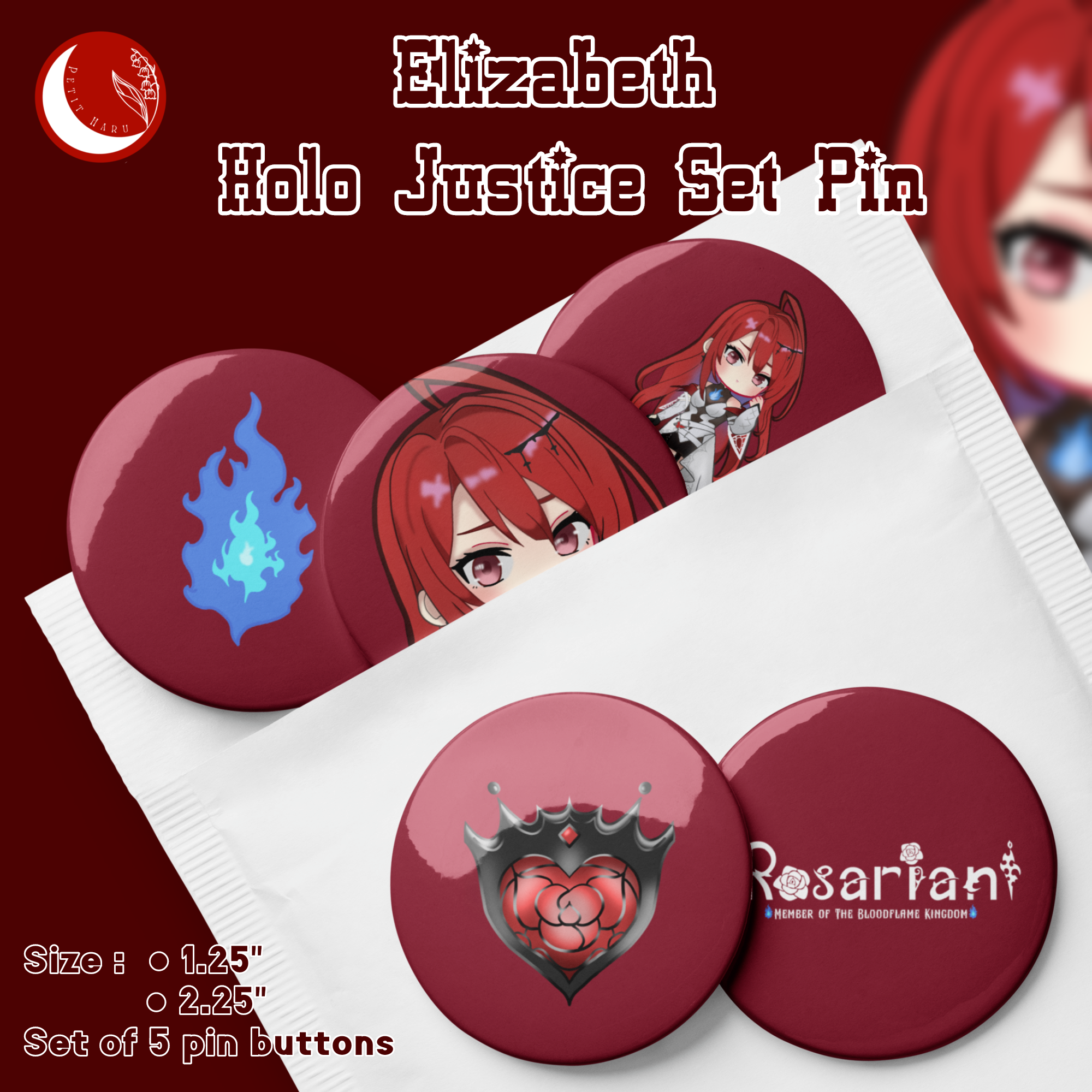 Elizabeth Rose Bloodflame Holo Justice Hololive Set of 5 Pin BUttons