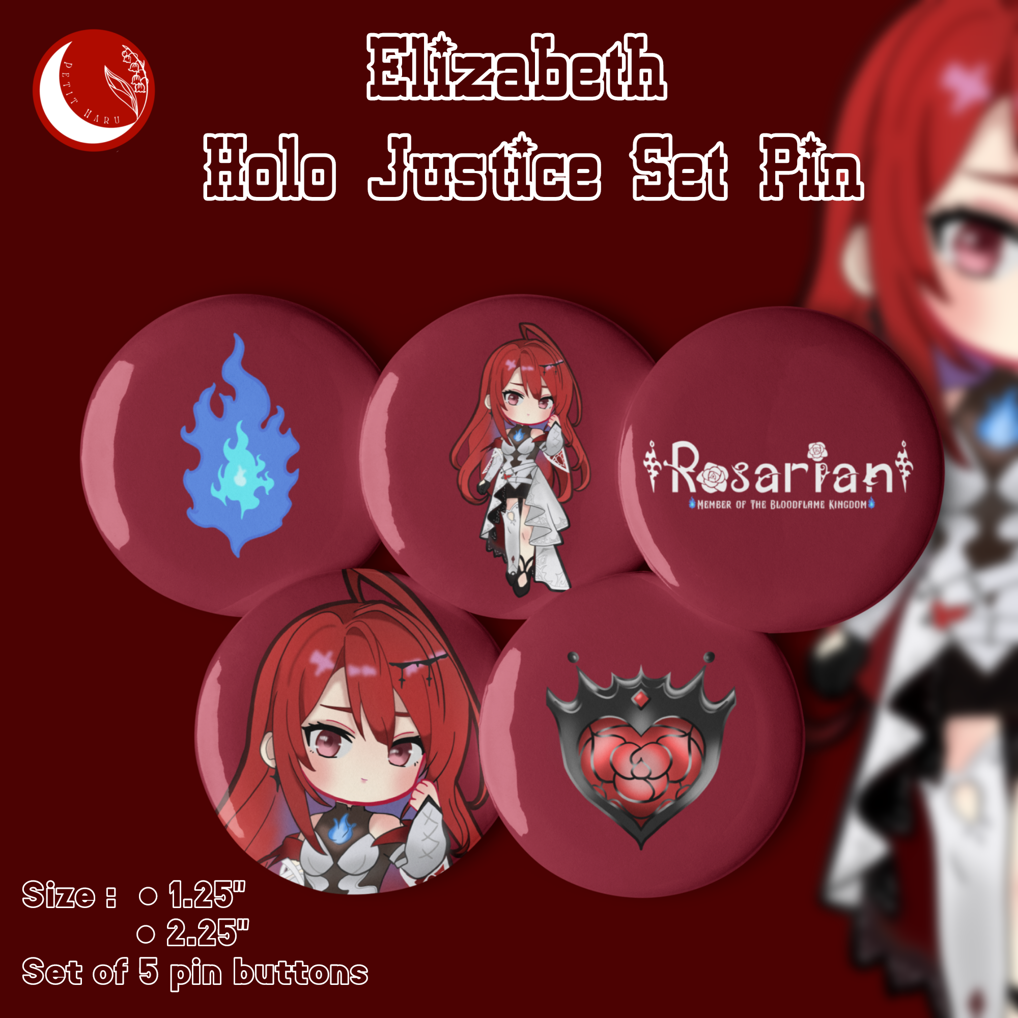 Elizabeth Rose Bloodflame Holo Justice Hololive Set of 5 Pin BUttons