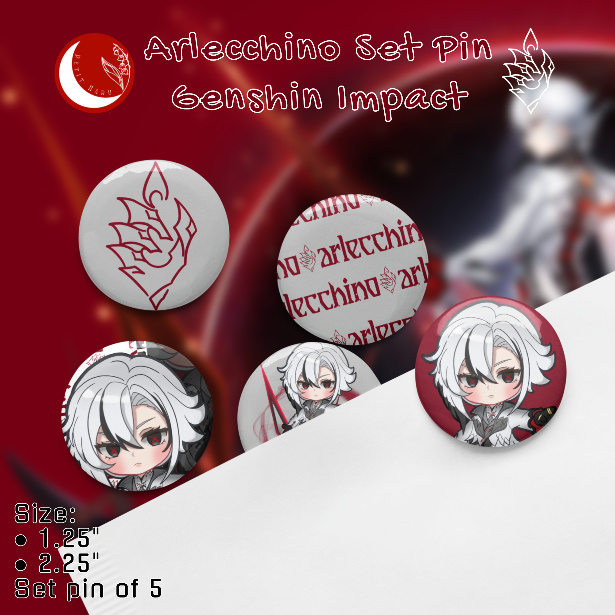 Arlecchino Genshin Impact Set of 5 Pin Buttons