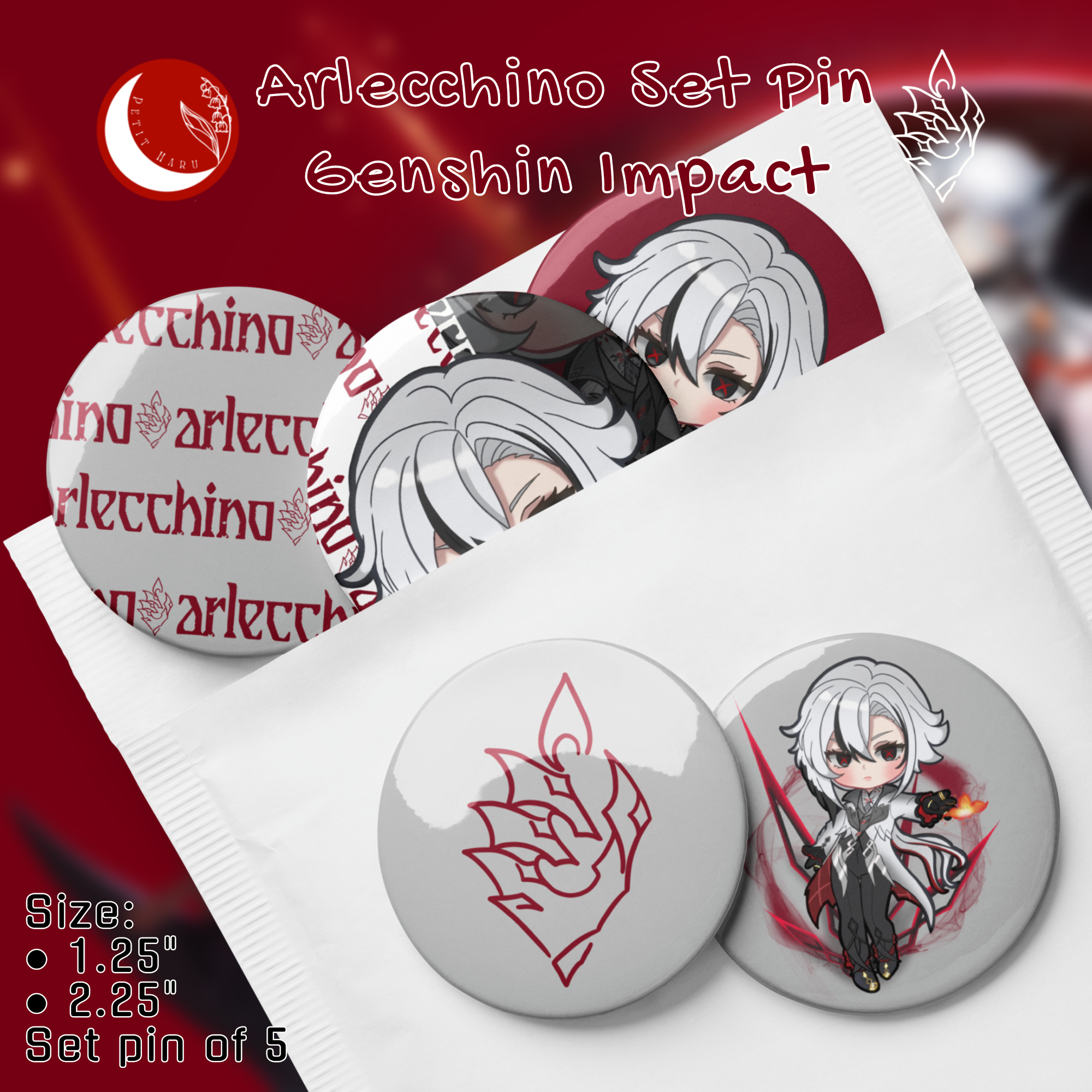 Arlecchino Genshin Impact Set of 5 Pin Buttons