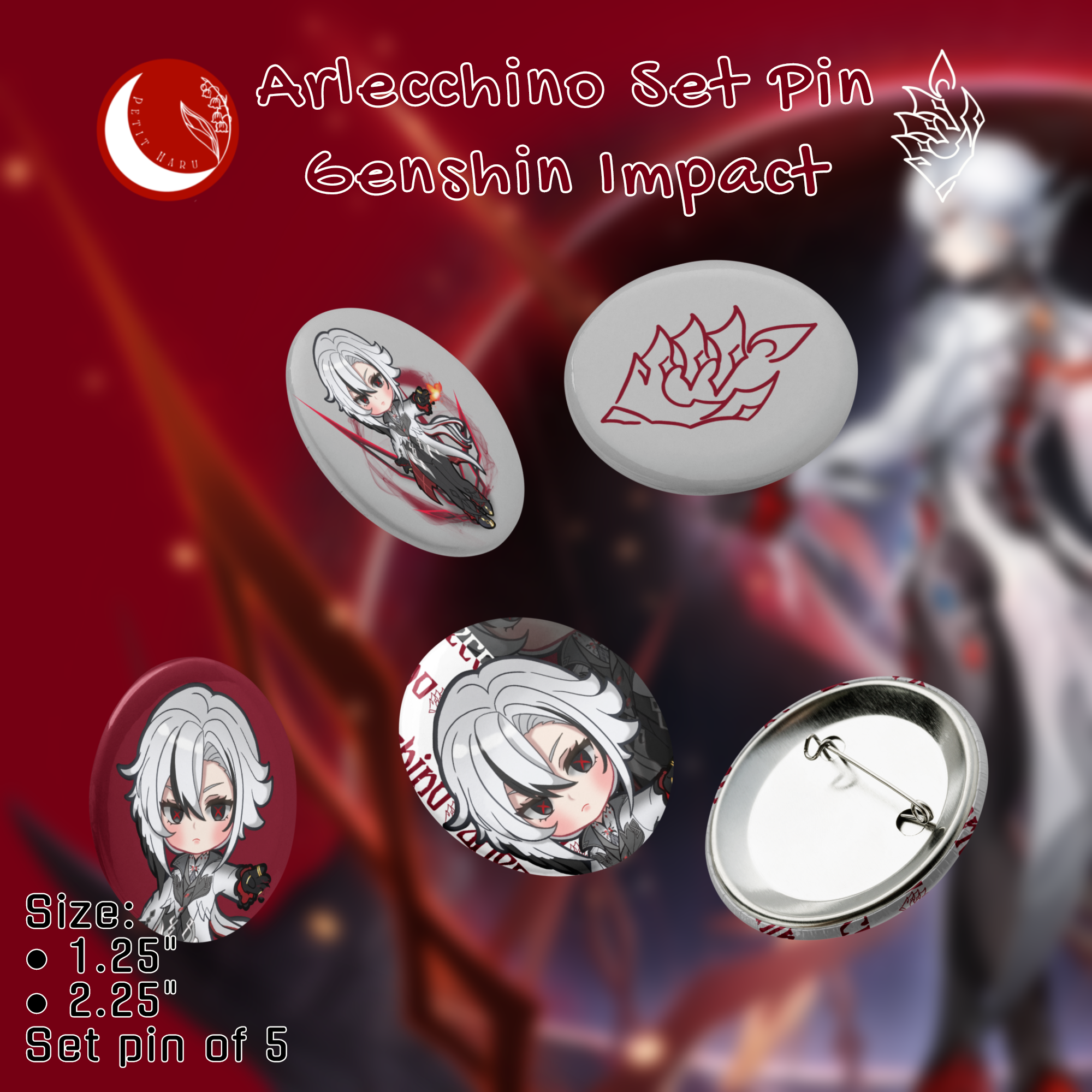 Arlecchino Genshin Impact Set of 5 Pin Buttons