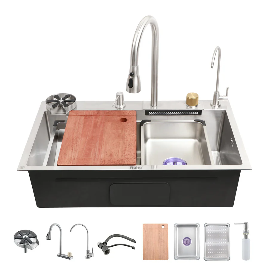 Nano Silver 304-Grade Kitchen Sink with Integrated Waterfall, Pull-Out & RO Faucet (30 x 18 x 9 Inches) - by Ruhe