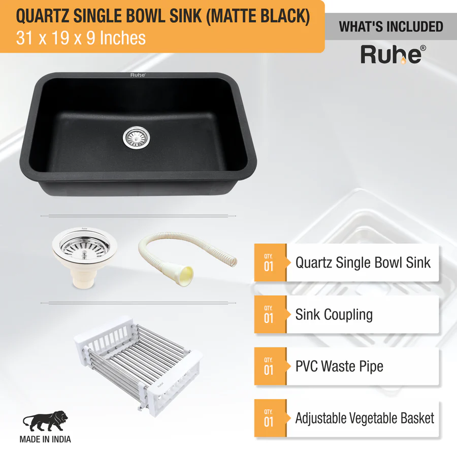 Matte Black Quartz Single Bowl Kitchen Sink (31 x 19 x 9 inches) - by Ruhe