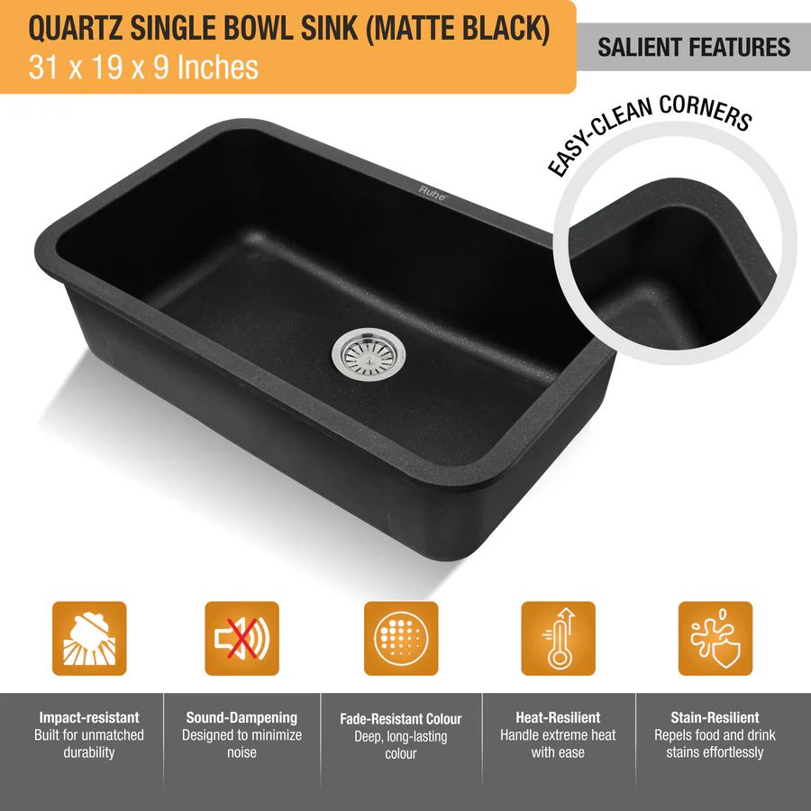 Matte Black Quartz Single Bowl Kitchen Sink (31 x 19 x 9 inches) - by Ruhe