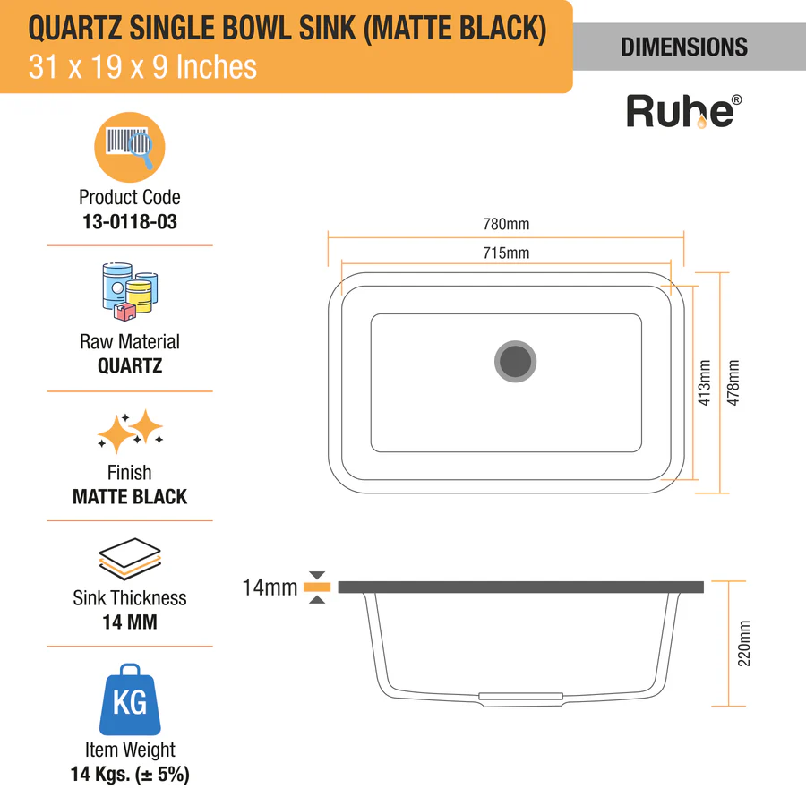 Matte Black Quartz Single Bowl Kitchen Sink (31 x 19 x 9 inches) - by Ruhe