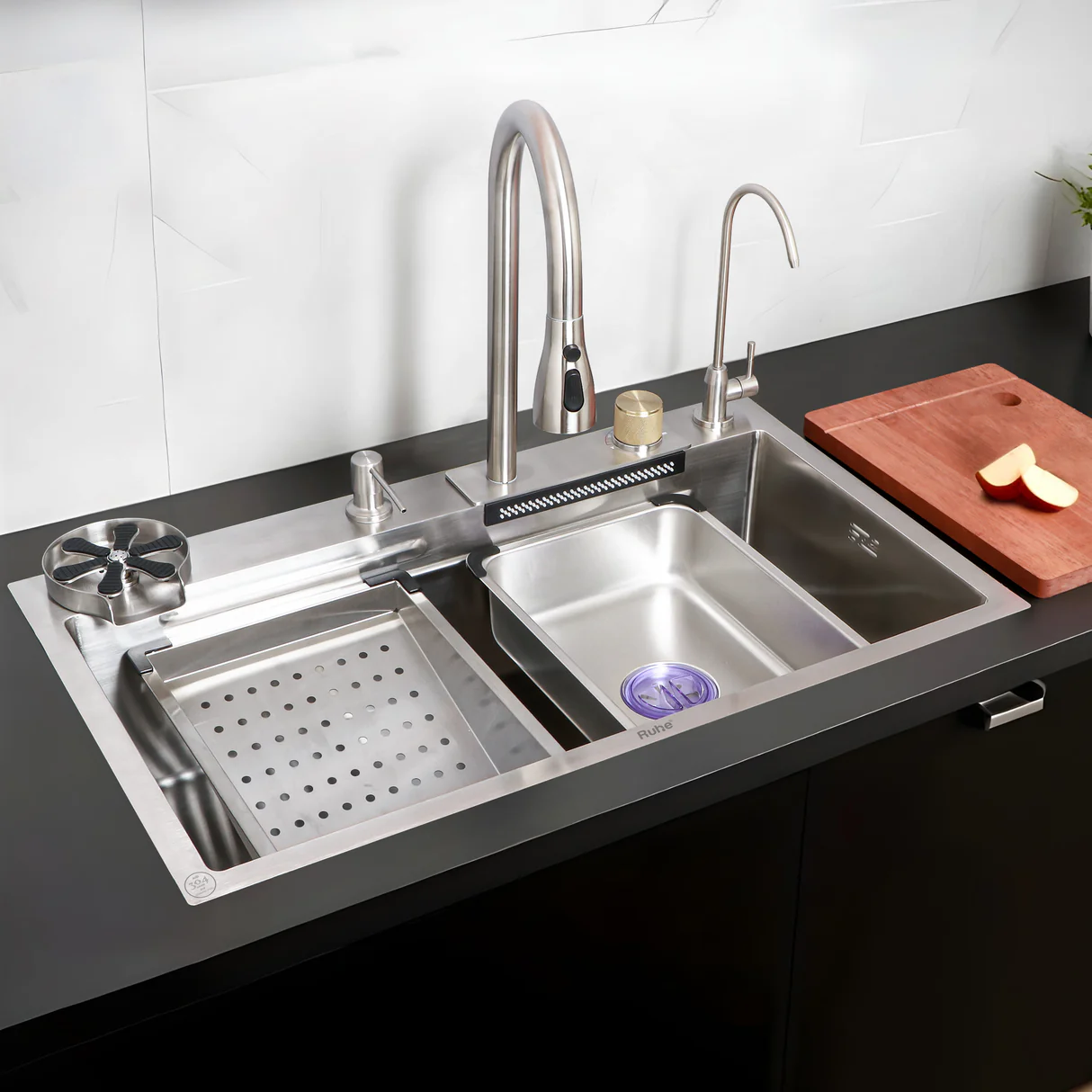 Nano Silver 304-Grade Kitchen Sink with Integrated Waterfall, Pull-Out & RO Faucet (30 x 18 x 9 Inches) - by Ruhe