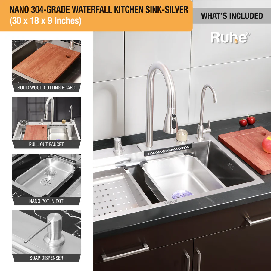 Nano Silver 304-Grade Kitchen Sink with Integrated Waterfall, Pull-Out & RO Faucet (30 x 18 x 9 Inches) - by Ruhe
