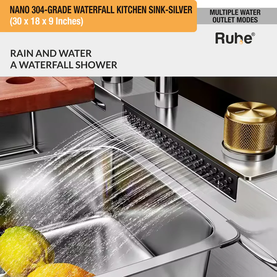 Nano Silver 304-Grade Kitchen Sink with Integrated Waterfall, Pull-Out & RO Faucet (30 x 18 x 9 Inches) - by Ruhe