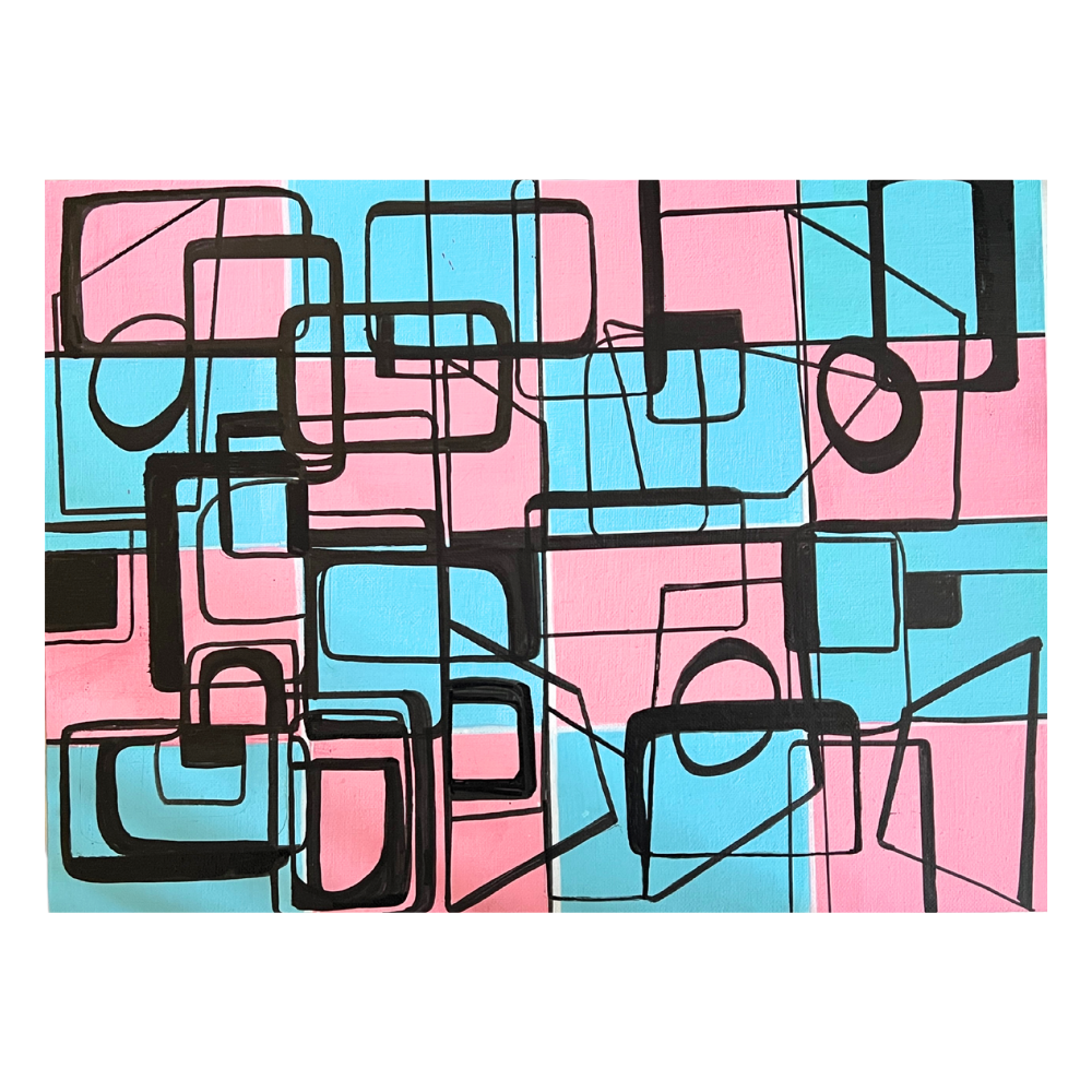 Abstract Retro Geometric Painting with Pastel Pink and Blue