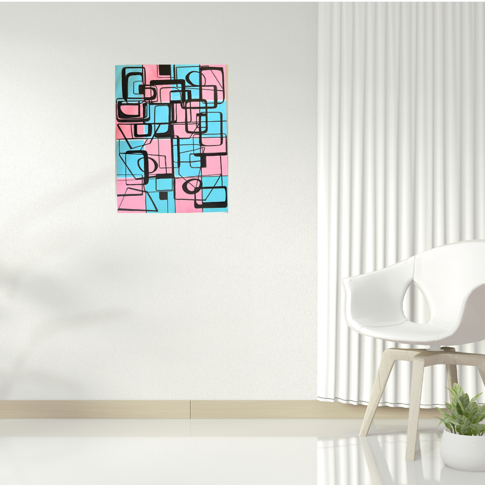 Abstract Retro Geometric Painting with Pastel Pink and Blue